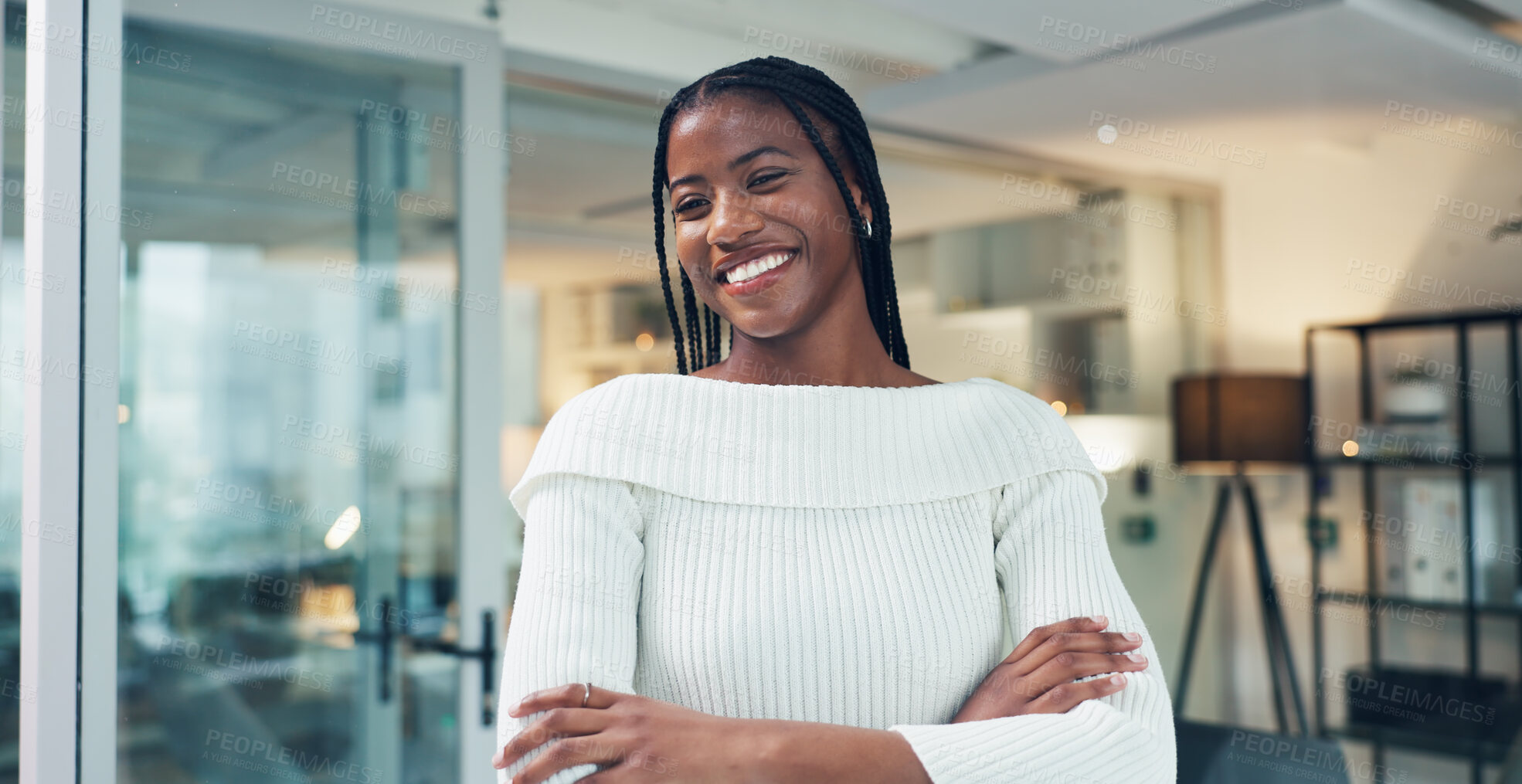 Buy stock photo Business, thinking and black woman with smile, arms crossed or copywriting with inspiration. African person, creative or journalist with ideas, solution or problem solving with magazine publication