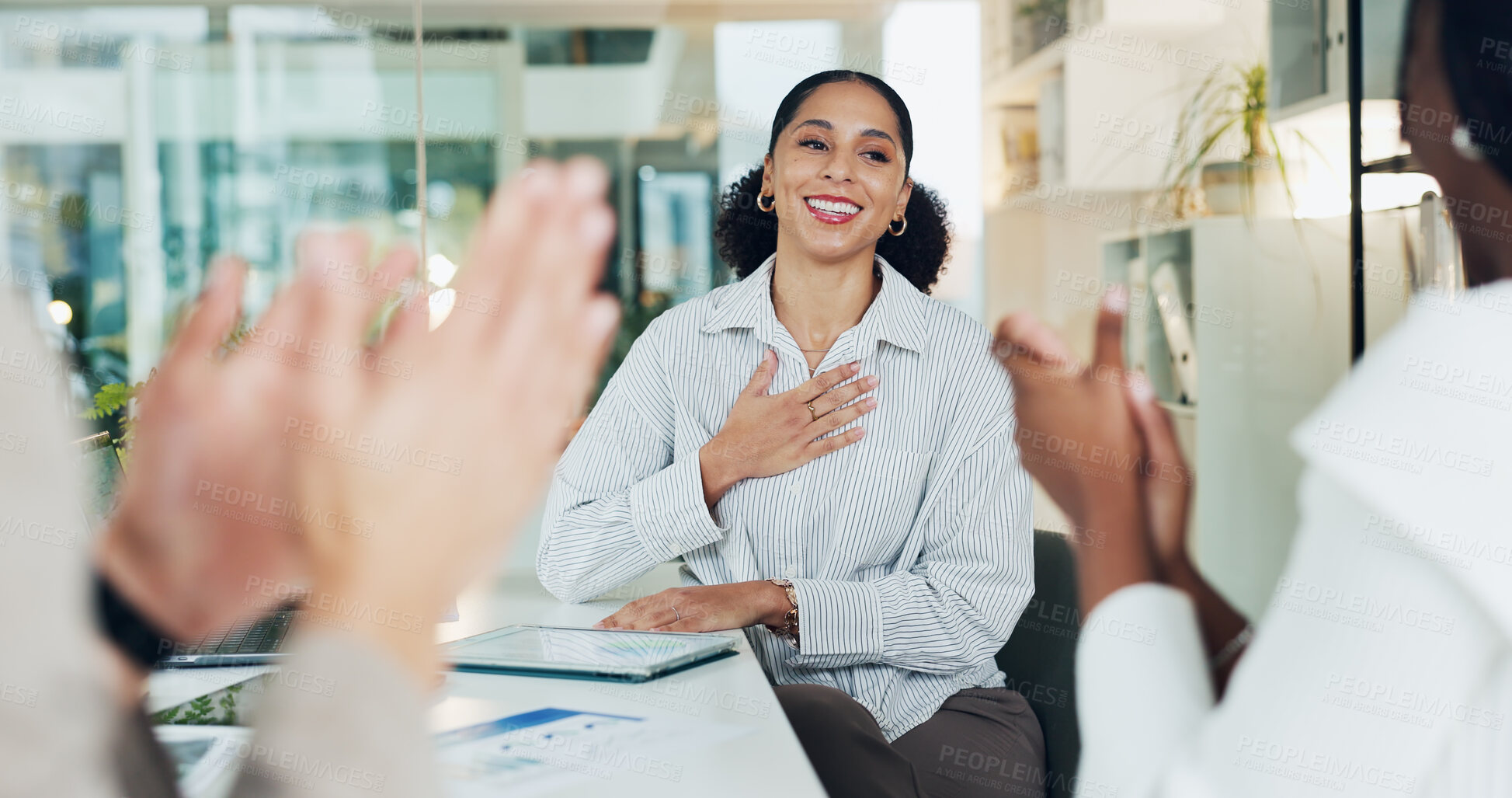 Buy stock photo Business, applause and woman with success, celebration and financial agency with goals. People, investor and employees in workplace, clapping and bonus with achievement, pride and congratulations