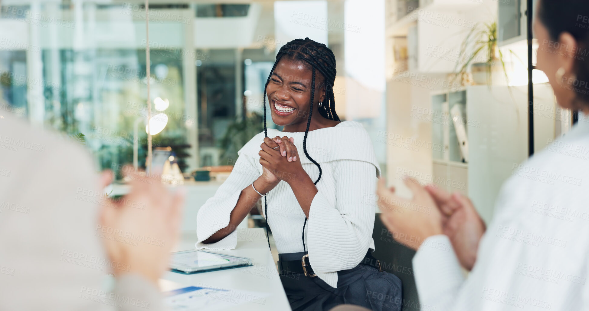 Buy stock photo Business, applause and woman with smile, celebration and financial agency with promotion. People, investor and employees with success, clapping and bonus with achievement, goals and congratulations