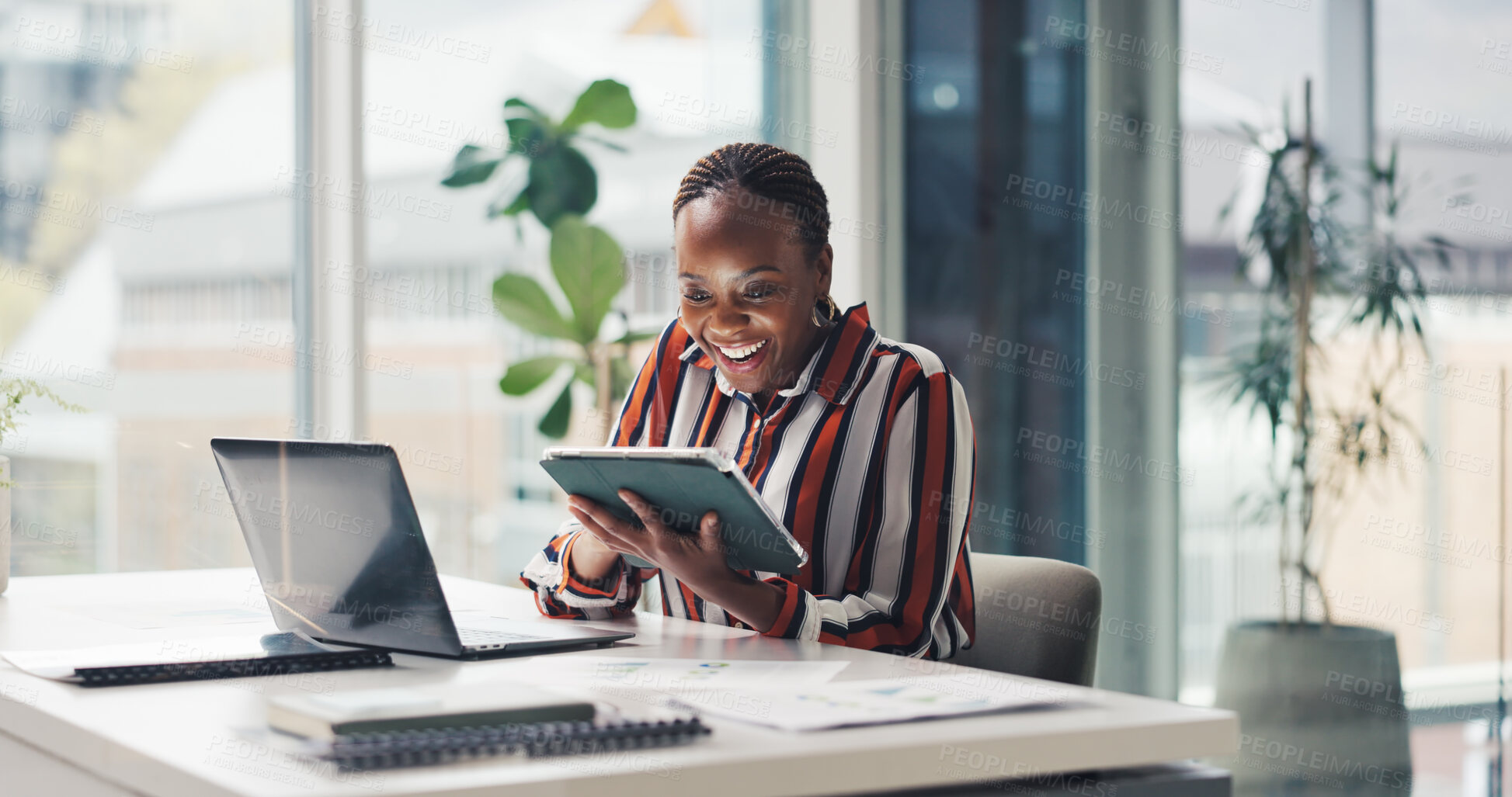 Buy stock photo Happy, business and black woman with tablet in office for good news, success and financial bonus. Excited, person or tech for positive feedback, funding approval and achievement of investment victory