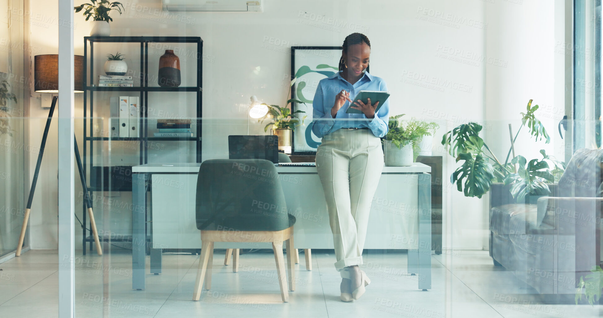 Buy stock photo Tablet, window and black woman in office with research for development of banking app for business. Digital technology, professional and African female fintech engineer with investment platform.