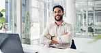 Portrait, business and man with arms crossed in office for finance career, about us and stock market agent. Happy, person and ambition with laptop, cryptocurrency and trading for investment proposal