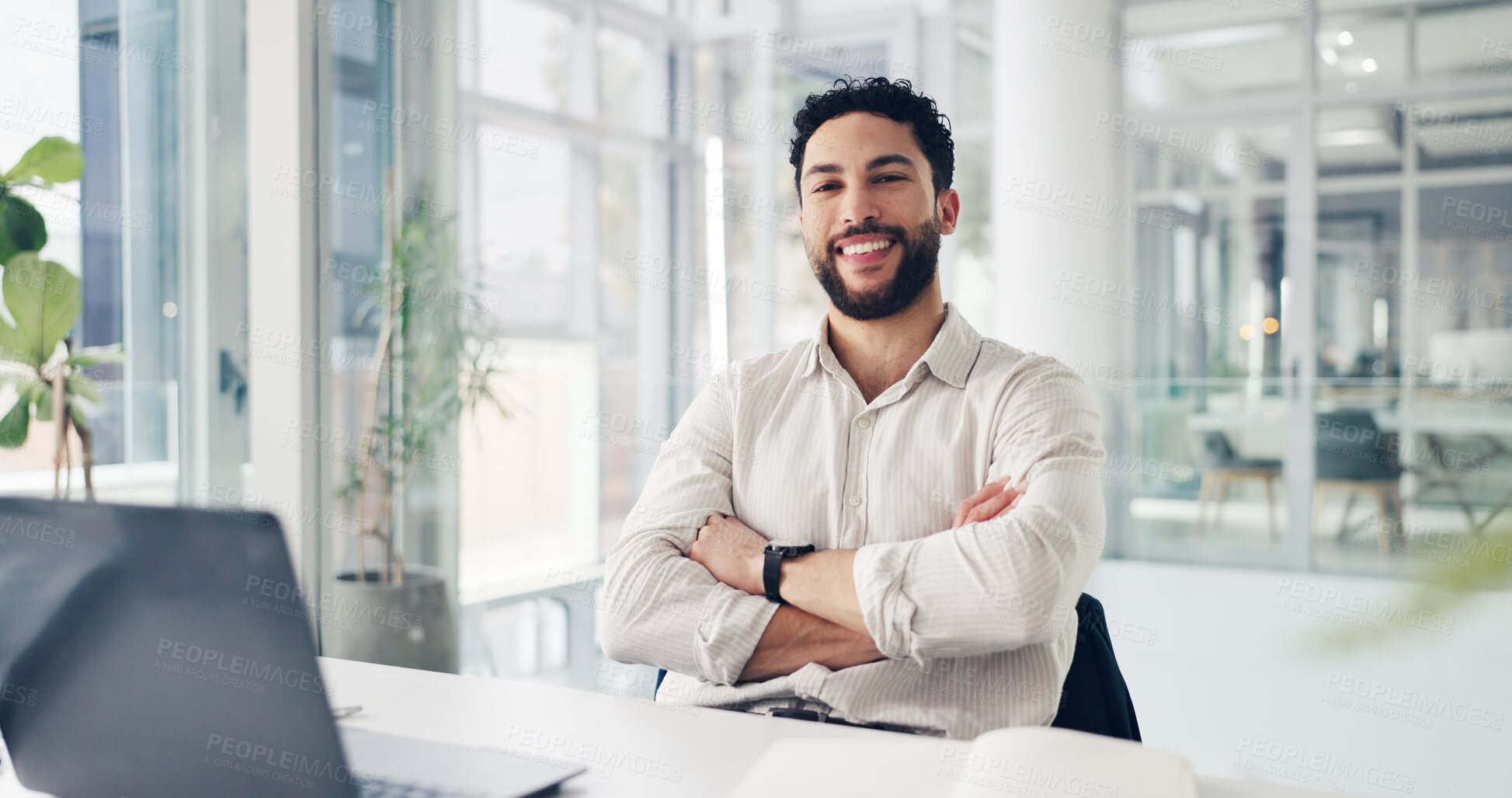 Buy stock photo Portrait, business and man with arms crossed in office for finance career, about us and stock market agent. Happy, person and ambition with laptop, cryptocurrency and trading for investment proposal