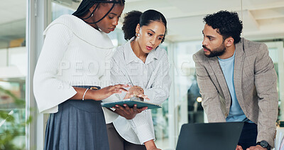 Buy stock photo Business, people and meeting with laptop in office for research, finance planning and budget review. Staff, team and tech with financial report, schedule update and funding information for investment