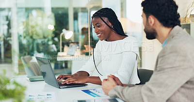 Buy stock photo Business, meeting and woman with research on laptop for finance report, investment pitch or sales. Financial management, team and tech with graphs for funding proposal or performance review in office