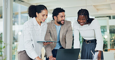 Buy stock photo Smile, business and people with laptop in office for research, finance planning and budget review. Happy, team or tech for financial report, positive feedback and funding approval of investment offer