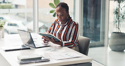 Buy stock photo Data analysis, woman and reading with tablet in office, review market forecast and track company profit. Business growth, laptop and finance analyst with tech for report, charts and graphs of revenue