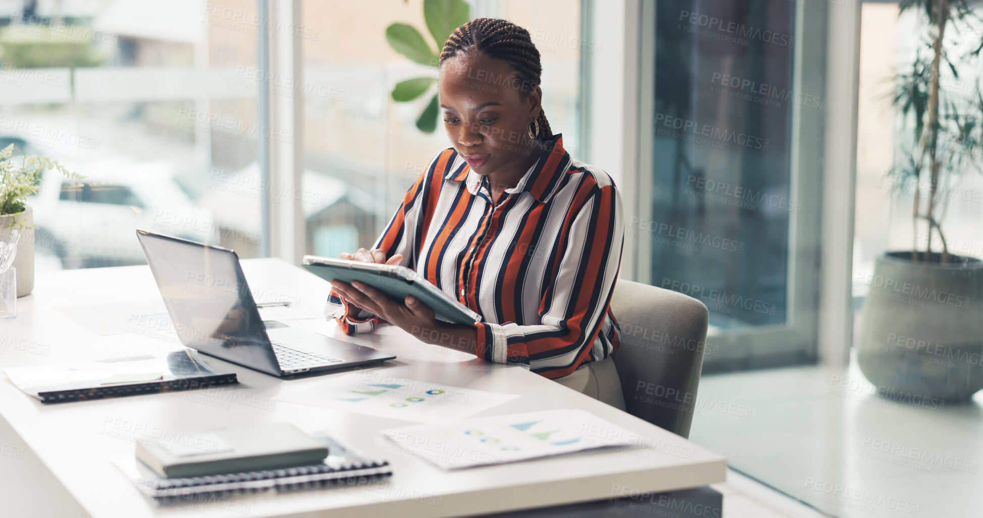 Buy stock photo Data analysis, woman and reading with tablet in office, review market forecast and track company profit. Business growth, laptop and finance analyst with tech for report, charts and graphs of revenue