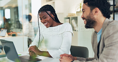 Buy stock photo Happy, business and people with laptop in office for research, finance planning and budget review. Smile, team or tech for financial report, positive feedback and funding approval of investment offer