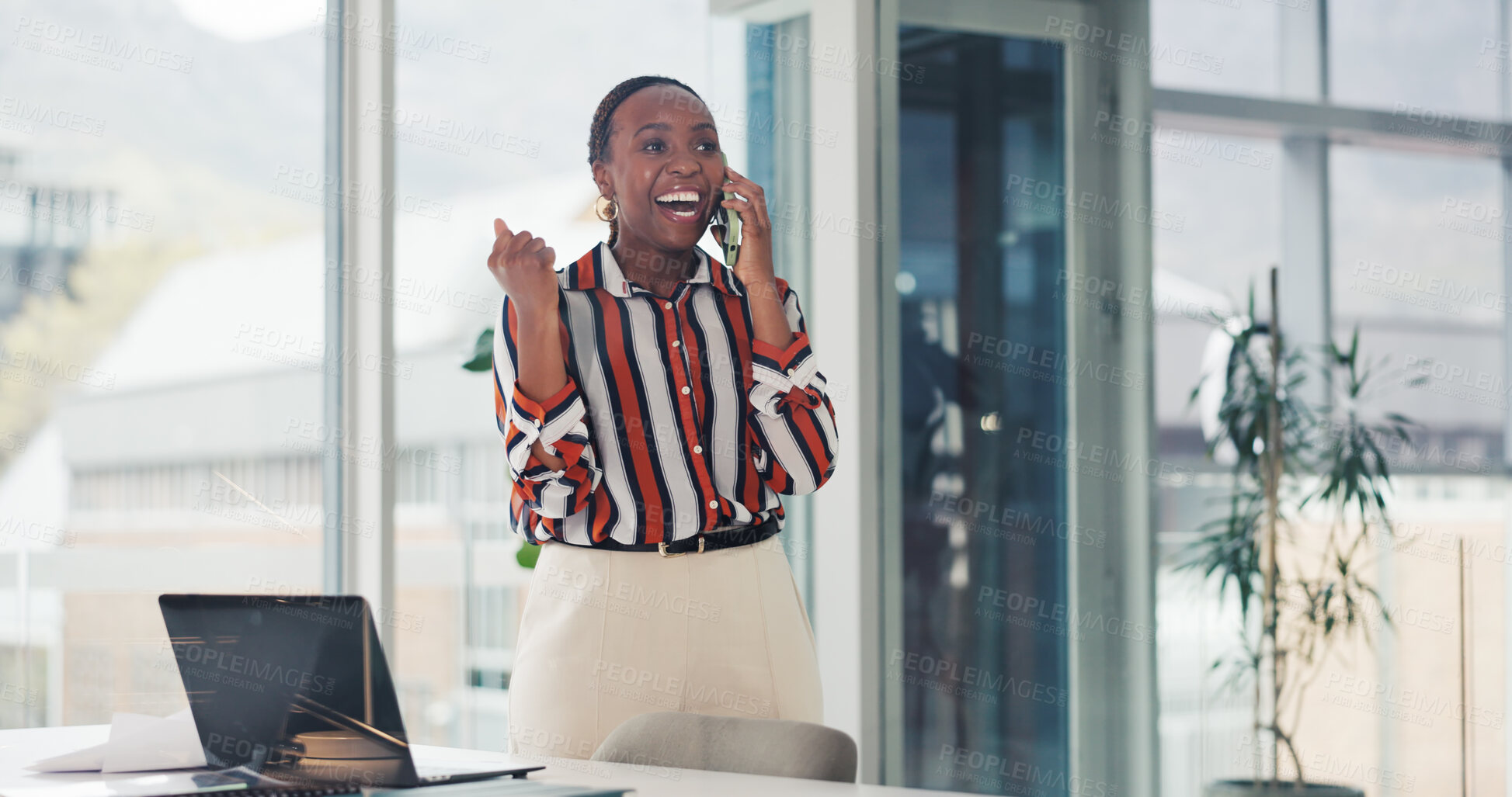 Buy stock photo Phone call, fist pump and black woman with laptop for promotion, success and good news. African person, consultation and excited in workplace with celebration, achievement and goals in office