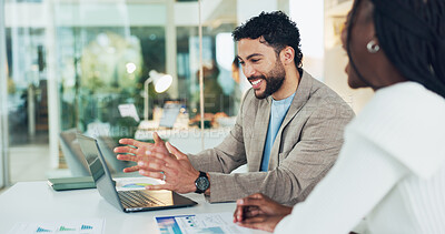 Buy stock photo Business, man and happy with laptop in meeting for good news, project funding and budget approval. Financial management, team and tech with graphs for performance review or investment deal in office