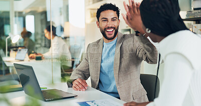 Buy stock photo Business, laptop and team high five with paperwork for investment return, KPI performance and success. Financial analyst, happy people and celebration in office for risk mitigation or positive budget