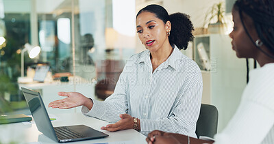 Buy stock photo Woman, meeting and talk with laptop in office for discussion, finance planning and budget review. Team, explain and tech with financial report, schedule update and funding information for investment
