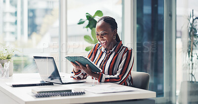 Buy stock photo Excited, business and back woman with tablet in office for good news, success and financial bonus. Smile, person and tech for positive feedback, funding approval and achievement of investment victory