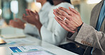 Business people, hands and applause with team in meeting for thank you or presentation in office. Group, employees or colleagues clapping with documents for good job or well done in conference