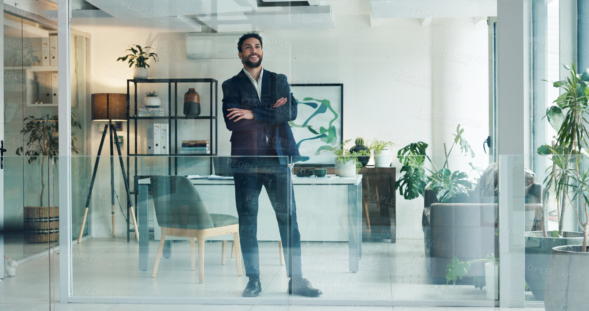 Buy stock photo Business, man or thinking with arms crossed in office for startup vision, company development or ideas. Glass, professional and reflection at workplace for funding solution and dream opportunity