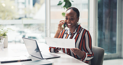 Buy stock photo Phone call, business and happy black woman with document in office for financial negotiation. Mobile, talk and wealth advisor with paperwork for investment, budget planning or communication online