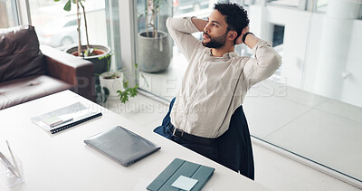 Buy stock photo Business, thinking and man in workplace, relax and stretching with stock market, trading and rest. Person, investor and employee in office, calm and completed task with break, daydreaming or wonder