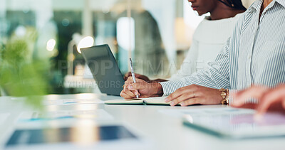 Buy stock photo Hands, writing and notebook at office meeting, agenda or planning with team for project at media company. People, group and editor with staff, review or brainstorming with research at creative agency