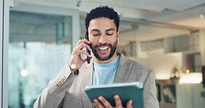 Buy stock photo Tablet, business man and happy with phone call for article lead, story investigation and questions. Journalist, digital tech or talking to source in office to confirm schedule or publication feedback