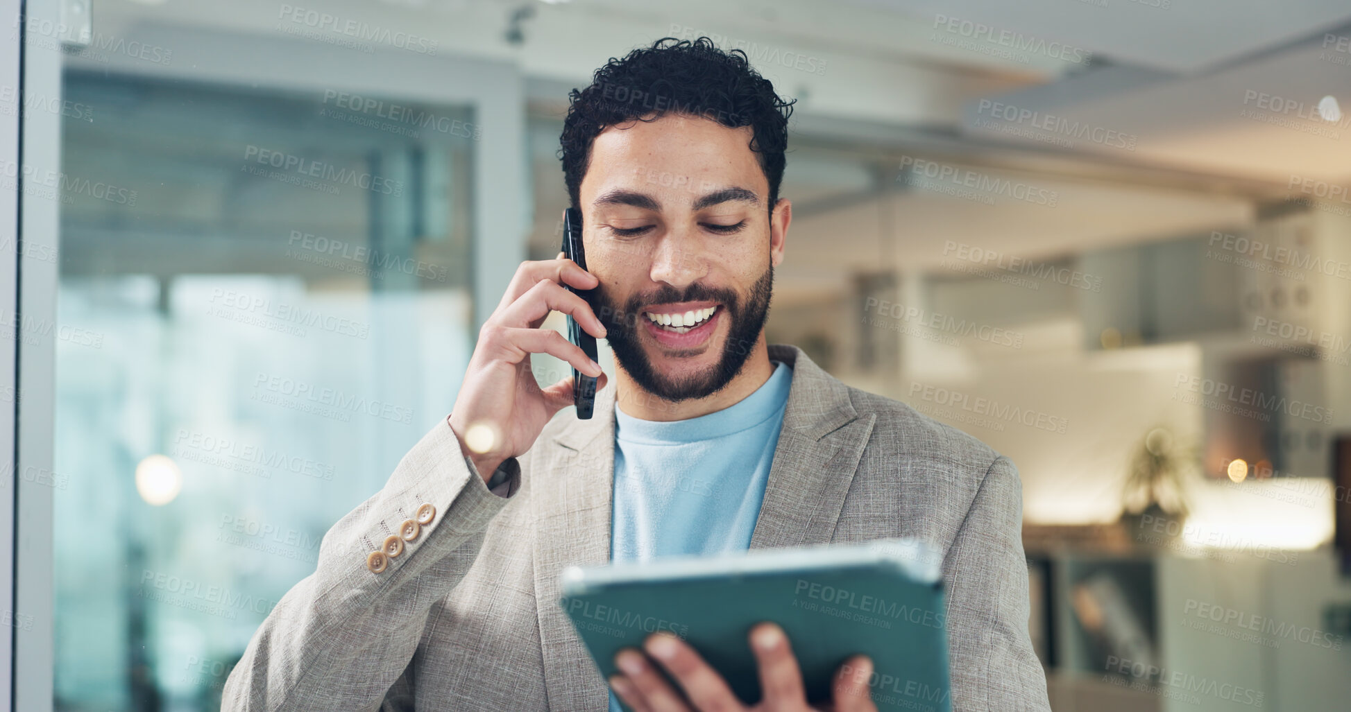 Buy stock photo Tablet, business man and happy with phone call for article lead, story investigation and questions. Journalist, digital tech or talking to source in office to confirm schedule or publication feedback