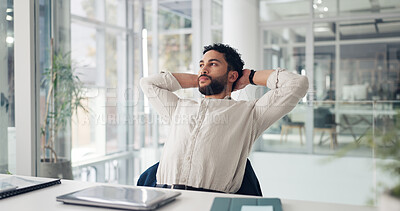 Buy stock photo Business, thinking and man in office, relax and stretching with stock market, trading and calm. Person, investor and employee in workplace, rest and completed task with break, daydreaming or wonder