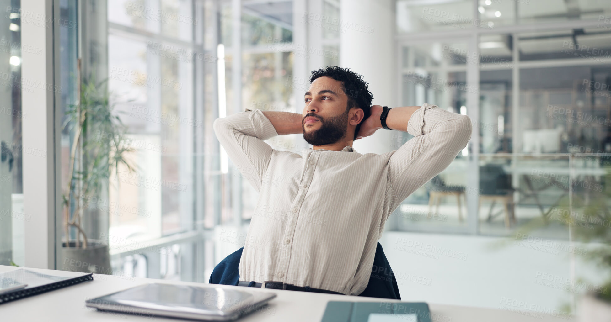 Buy stock photo Business, thinking and man in office, relax and stretching with stock market, trading and calm. Person, investor and employee in workplace, rest and completed task with break, daydreaming or wonder