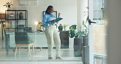 Buy stock photo Fist pump, success and tablet with business black woman in glass office for bonus or celebration. App, milestone and smile of excited African employee in workplace for achievement, deal or target