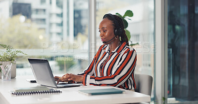 Buy stock photo Typing, telemarketer and woman with laptop, call center and communication with headset and research. Online, agent and black person with mic for telemarketing, lead generation and customer service
