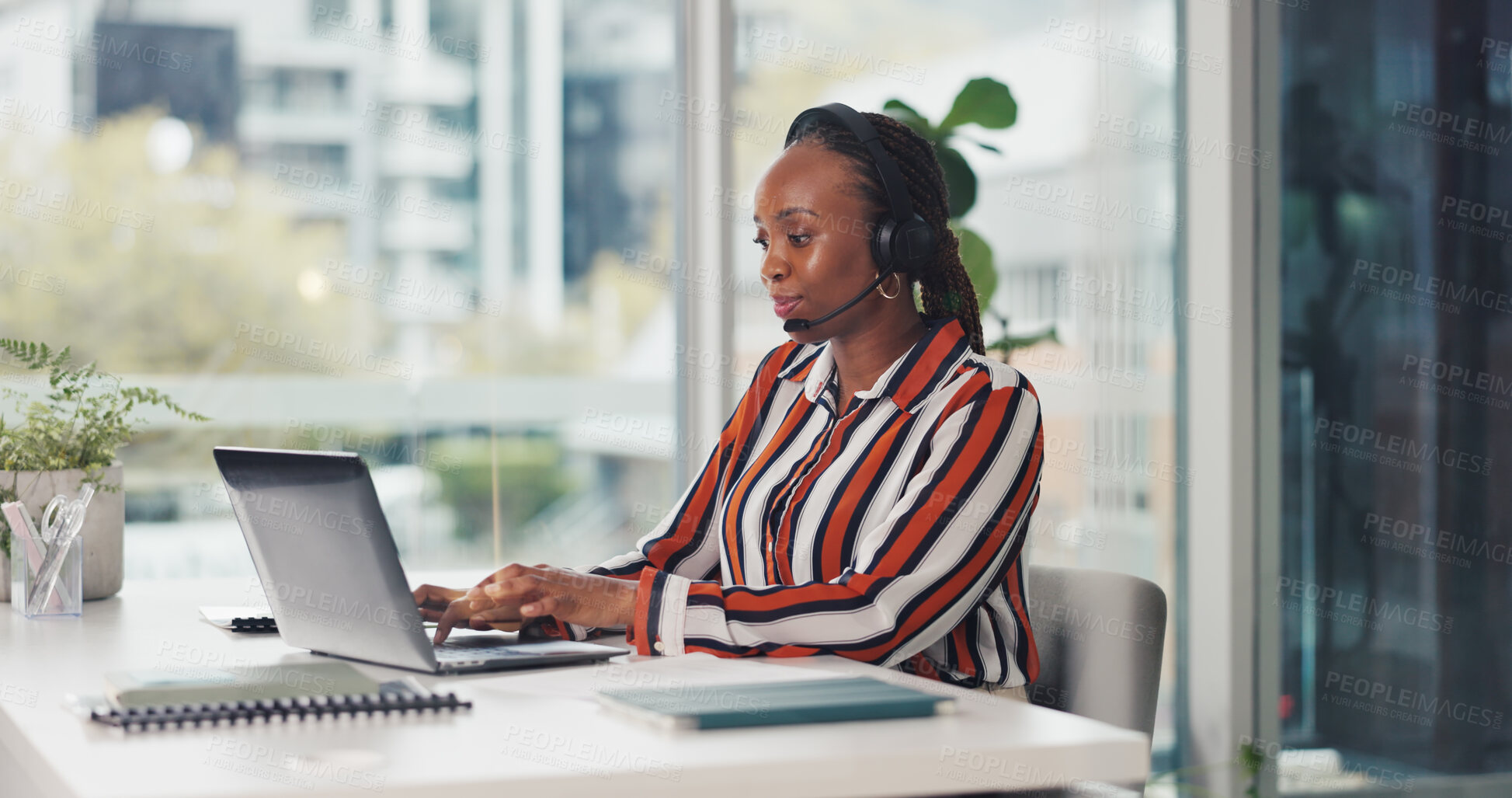 Buy stock photo Typing, telemarketer and woman with laptop, call center and communication with headset and research. Online, agent and black person with mic for telemarketing, lead generation and customer service