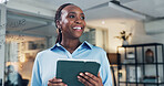 Tablet, thinking and black woman in office with research for development of banking app for business. Digital technology, finance and African female fintech engineer with idea for investment platform