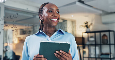 Buy stock photo Tablet, thinking and black woman in office with research for development of banking app for business. Digital technology, finance and African female fintech engineer with idea for investment platform