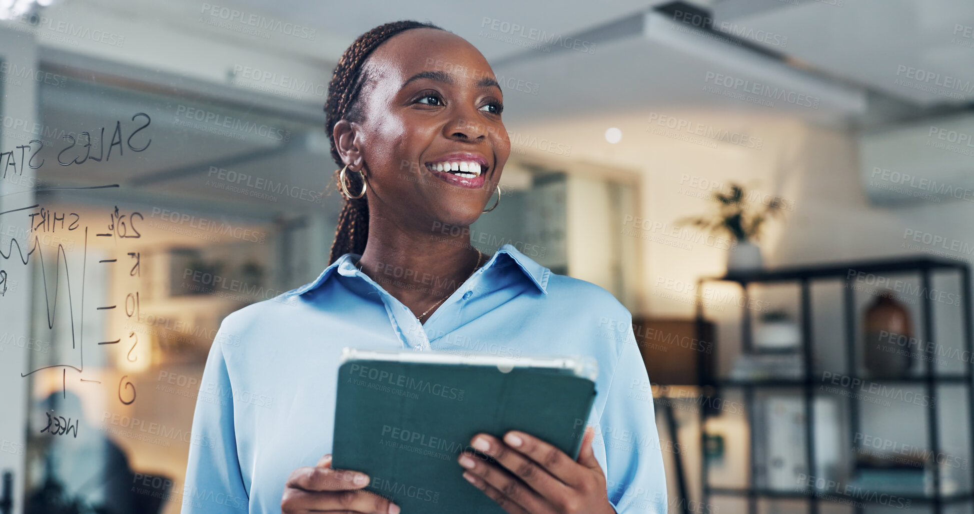 Buy stock photo Tablet, thinking and black woman in office with research for development of banking app for business. Digital technology, finance and African female fintech engineer with idea for investment platform