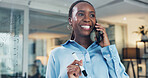 Business, phone call and black woman with smile, talking and sales strategy with project feedback. African person, ad agency and employee in office, cellphone and communication with contact or app