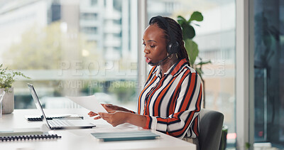 Buy stock photo Telemarketing, document and woman with headset, call center or reading inquire for customer service. Talking, consultant and black person with mic for communication, paperwork and lead generation