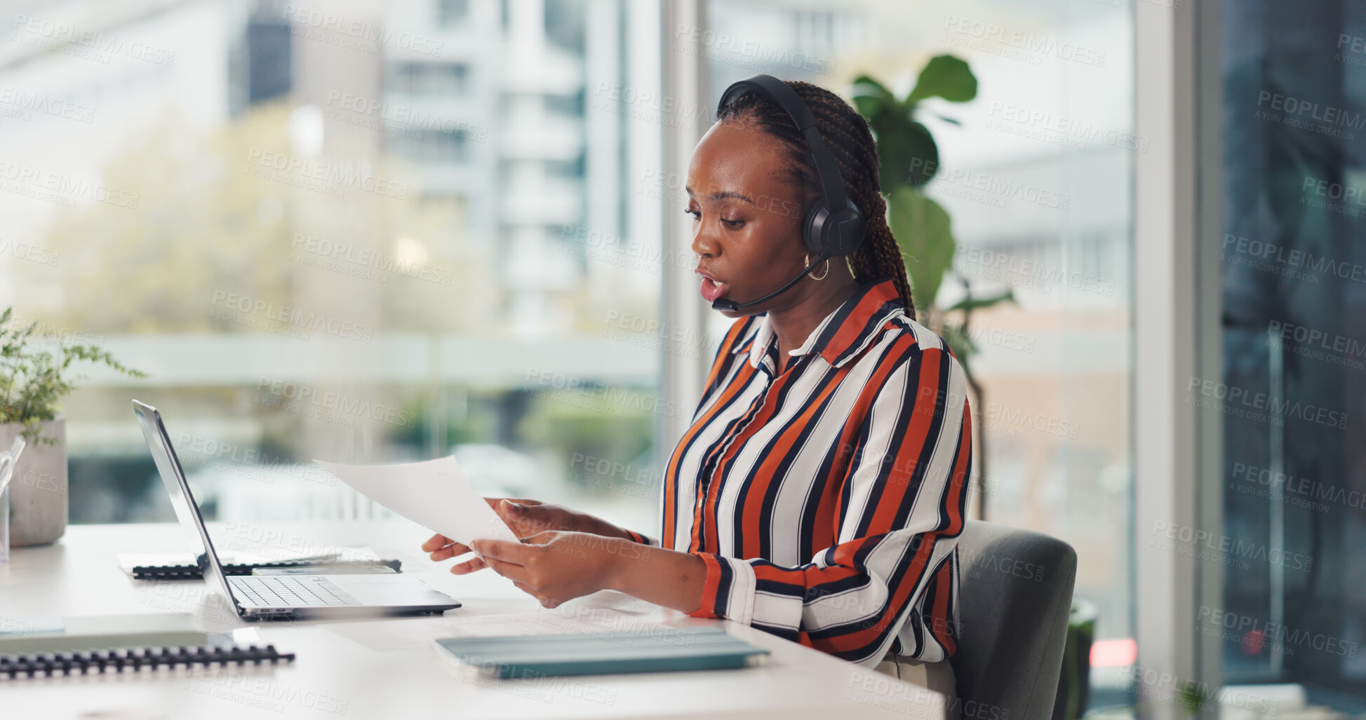Buy stock photo Telemarketing, document and woman with headset, call center or reading inquire for customer service. Talking, consultant and black person with mic for communication, paperwork and lead generation