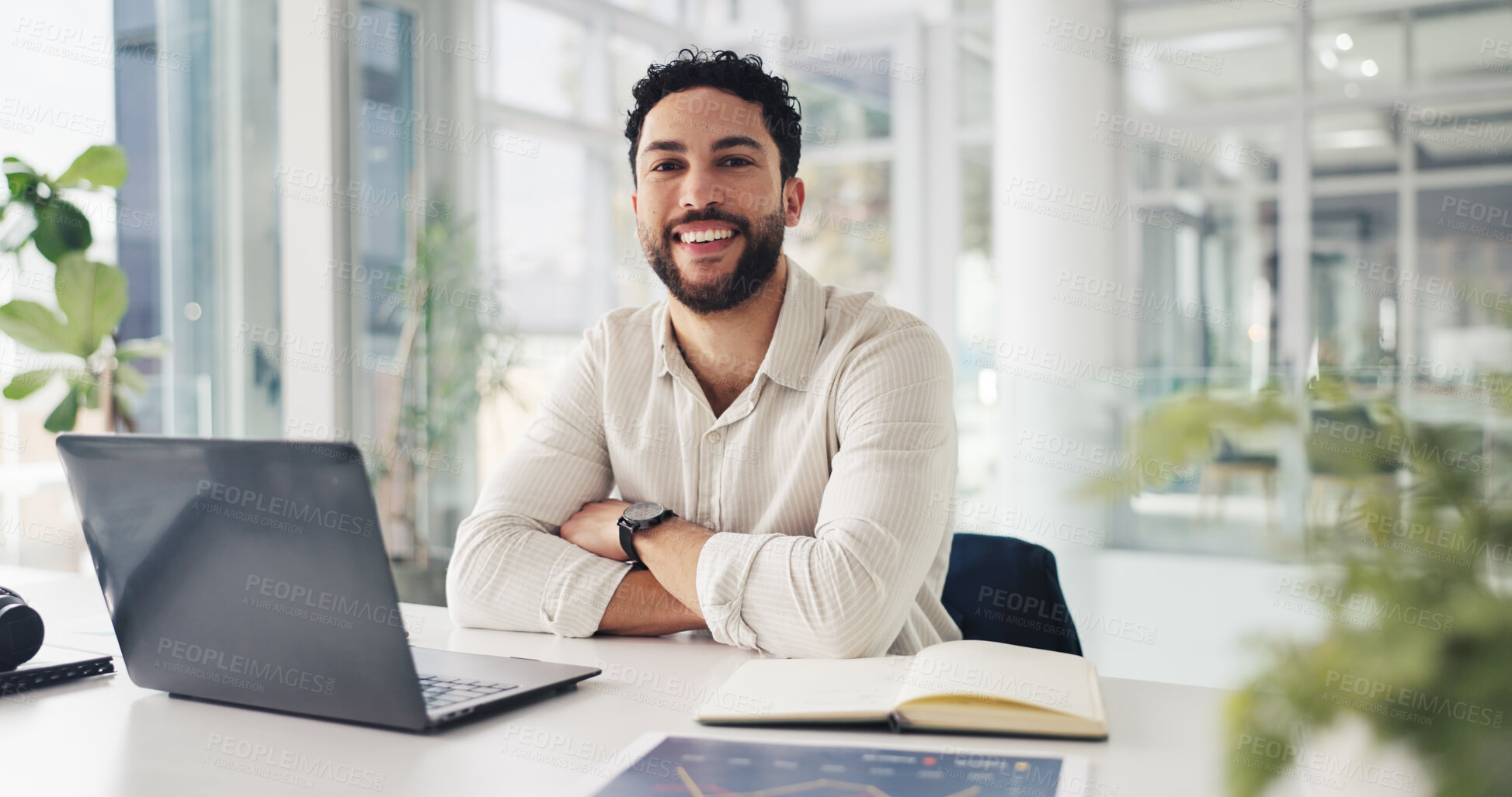 Buy stock photo Portrait, business and man with smile in office for finance career, about us and stock market agent. Happy, person and ambition with laptop, cryptocurrency and trading expert for investment proposal
