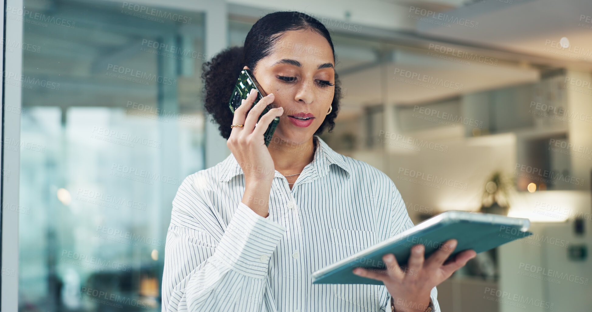 Buy stock photo Tablet, business woman and phone call at agency for article lead, story investigation or questions. Journalist, digital tech or talking with source to confirm schedule, publication feedback or update