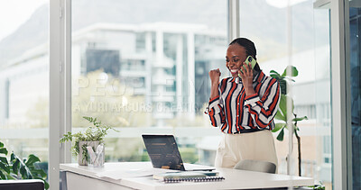 Buy stock photo Phone call, fist pump and black woman with laptop for good news, success and promotion. African person, consultation and excited in workplace with celebration, achievement and milestone goals