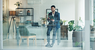 Buy stock photo Businessman, tablet and happy at office with scroll, networking or excited for deal at finance company. Person, broker or advisor with tech, application or smile for notification at investment agency