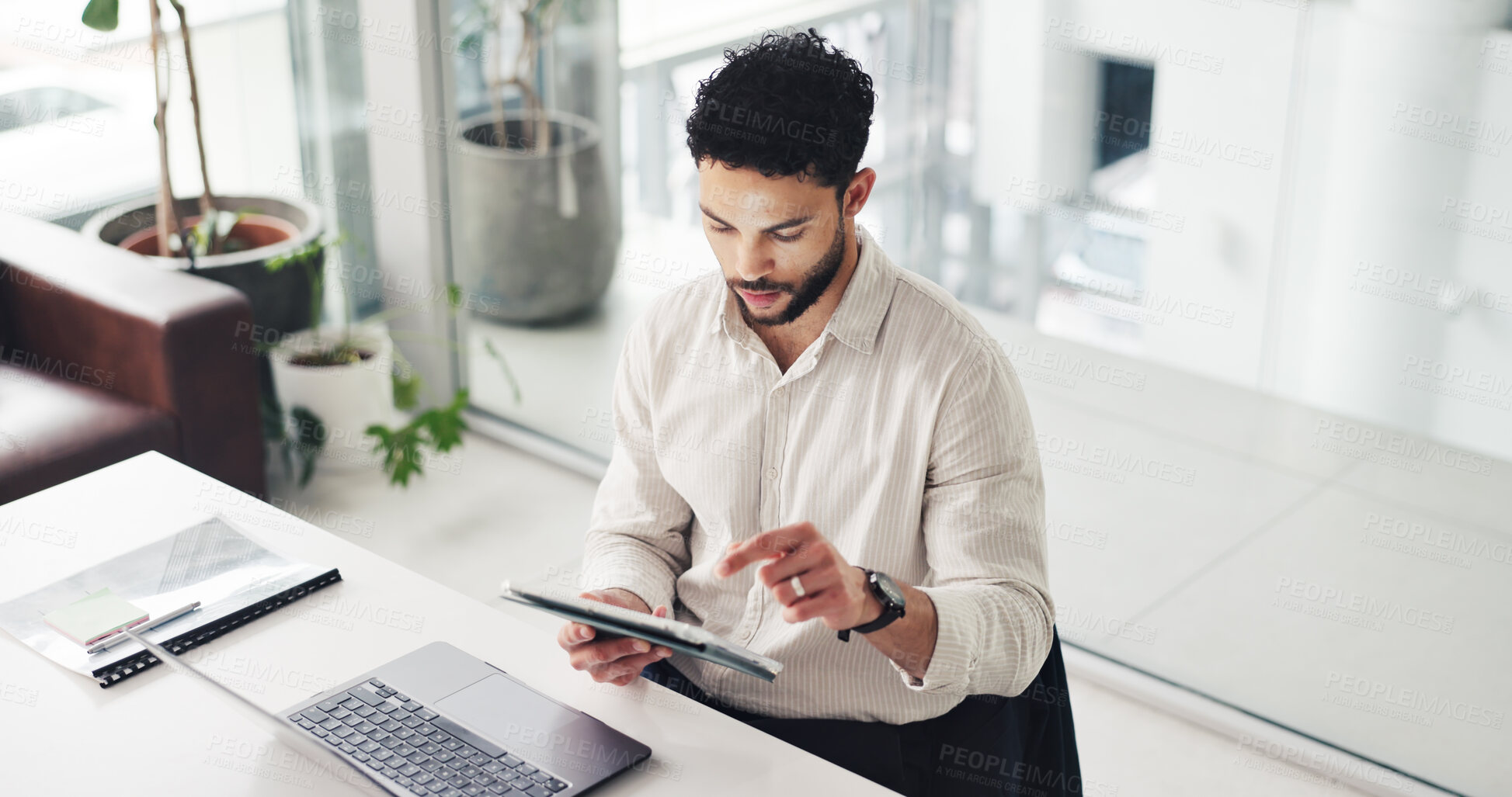 Buy stock photo Tablet, laptop and businessman in office with research for finance project with company budget. Digital technology, computer and male financial manager working on investment proposal in workplace.