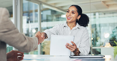 Buy stock photo Interview, resume or woman in office with handshake, meeting or hello in onboarding process. CV review, hiring or recruiter in agency with shaking hands, candidate or greeting for career opportunity.