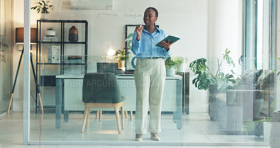 Buy stock photo Black woman, writing or planning with tablet on glass board for schedule, agenda or tasks in office. Female person, employee or taking notes with technology for company project or brainstorming
