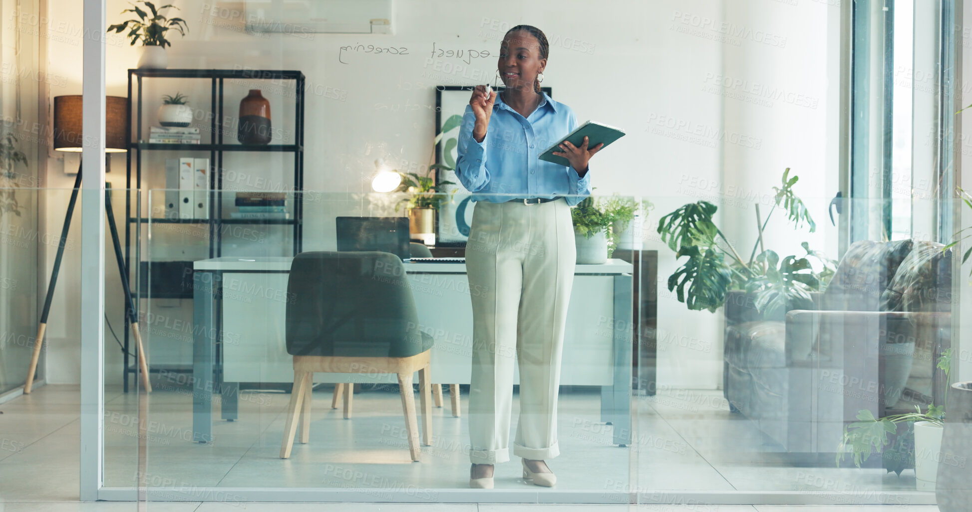 Buy stock photo Black woman, writing or planning with tablet on glass board for schedule, agenda or tasks in office. Female person, employee or taking notes with technology for company project or brainstorming