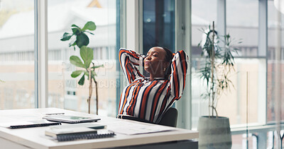 Buy stock photo Business, relax and black woman in office, break and online trading with connection. African person, investor and employee in workplace, completed task and resting with success, tired and calm