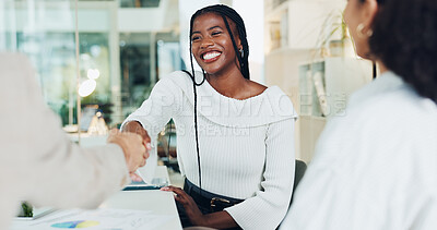Buy stock photo Business people, handshake and smile for hiring at office with interview, thanks and agreement at meeting. Women, man and shaking hands with deal, recruitment or excited for onboarding at HR agency
