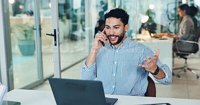 Buy stock photo Phone call, laptop and business man in office for contact, finance advice and networking with client. Professional, investor and person on smartphone for conversation, negotiation or talking for deal