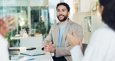 Buy stock photo Business, applause and man with success, celebration and financial agency with promotion. People, investor and employees in workplace, clapping and bonus with achievement, goals and congratulations