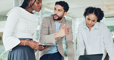 Buy stock photo Business, people and meeting with tech in office for discussion, finance planning and budget review. Staff, team and laptop for financial report, schedule update and funding information of investment