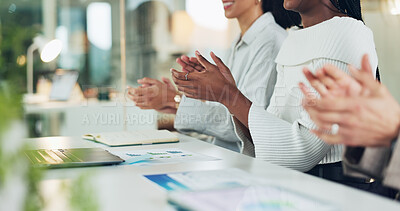 Buy stock photo Hands, applause and team at office meeting for celebration, praise or profit announcement at company. Business people, group and excited with clapping, revenue goals or achievement at finance agency